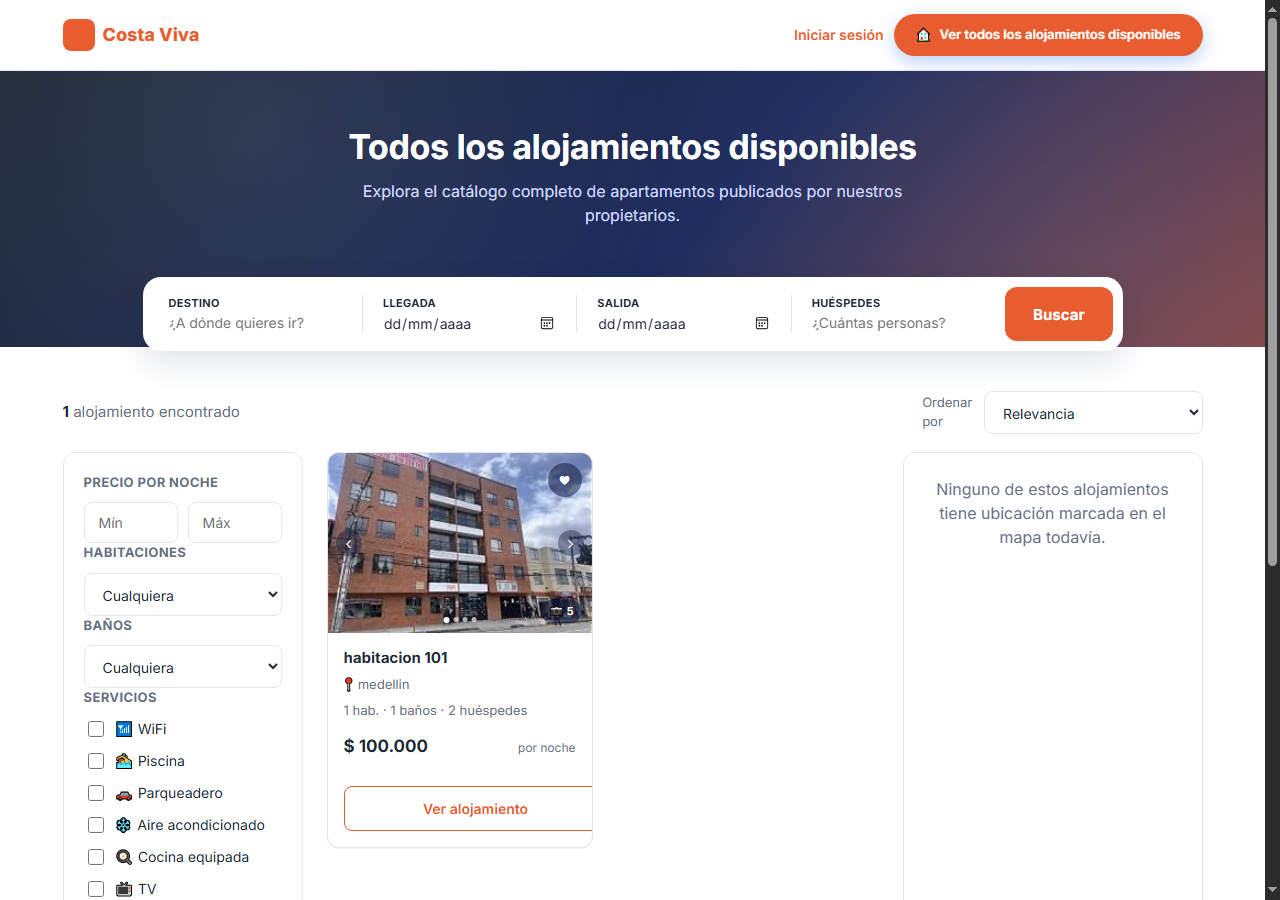 Captura real de la plataforma de reservas Costa Viva
